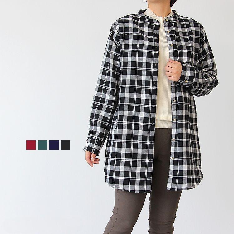 裏フリースチェック ノーカラーチュニック レディース トップス