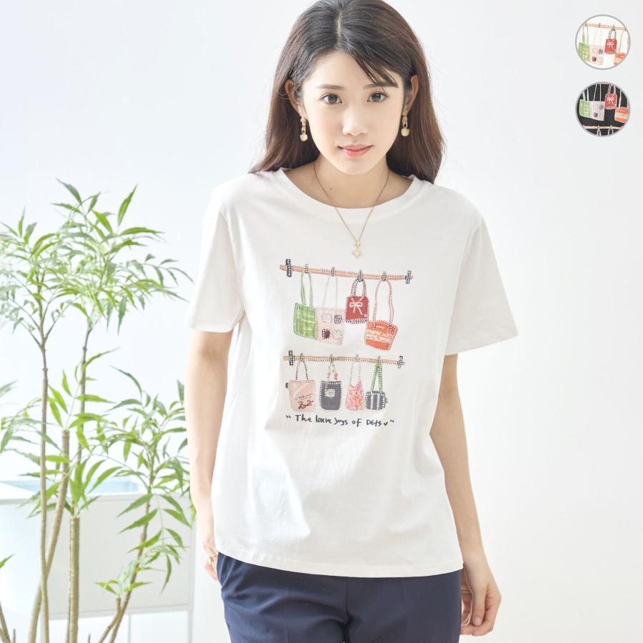 スパンコール Tシャツ レディース 半袖 鞄柄 バッグモチーフ プリント