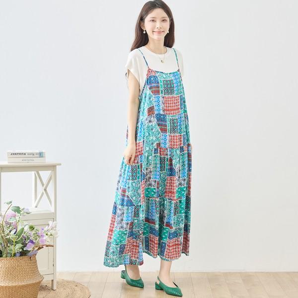 大きいサイズ 自由区 ロングワンピース エスニック 水色×白 3L ワンピース レディース ロングワンピース 体型カバー 大きいサイズ30代