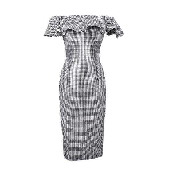 ワンピース 膝丈 ギンガムチェック 白黒 オフショルダー フリル 大人  