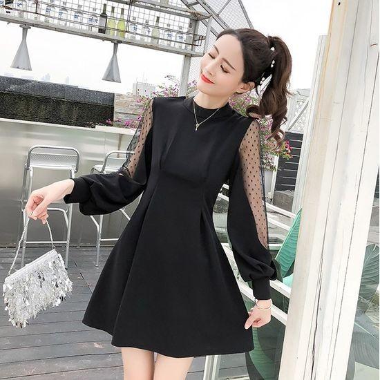 謝恩会 ワンピース ミニ 袖コン シースルー ドット かわいい フレア