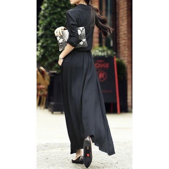 ワンピース 黒 夏 とろみ シャツワンピ ロング マキシ丈 襟付き ボタン