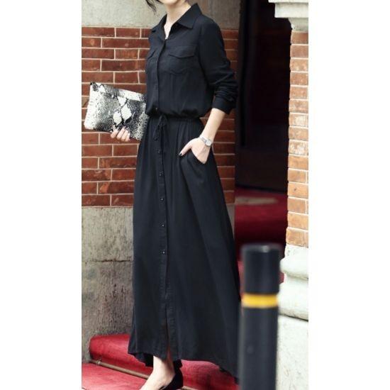 ワンピース 黒 夏 とろみ シャツワンピ ロング マキシ丈 襟付き ボタン