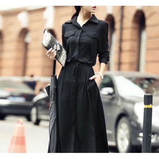 ワンピース 黒 夏 とろみ シャツワンピ ロング マキシ丈 襟付き ボタン