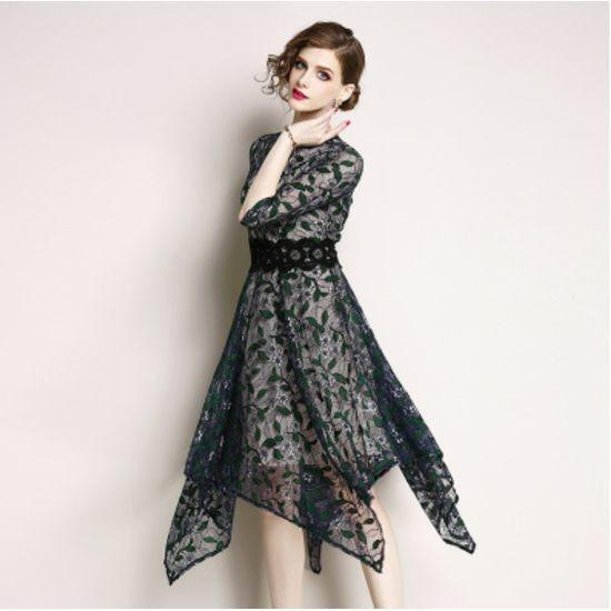 結婚式 ワンピース ドレス 緑 紫 黒 赤 膝丈 膝下 ミモレ丈 総レース フレア ウエストマーク 袖あり イレギュラー ヘム アシンメトリー 韓国 代 30代 送料無料 Stdm537 Dress Monde 通販 Yahoo ショッピング