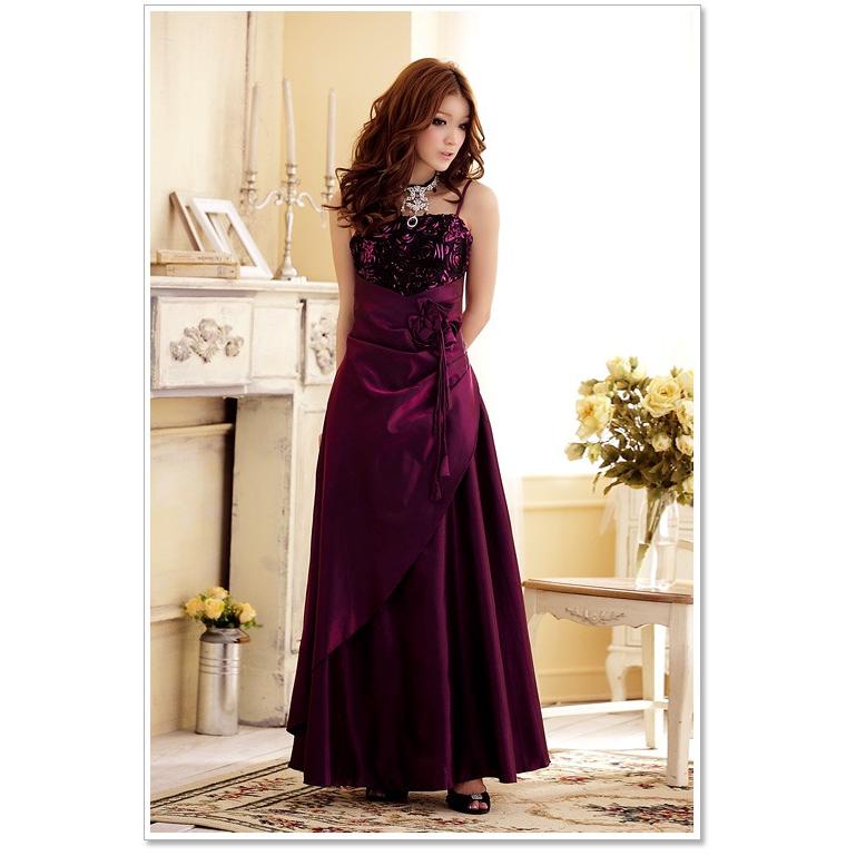 バーガンディ ビーズ刺繍 ハイネック ロングドレス