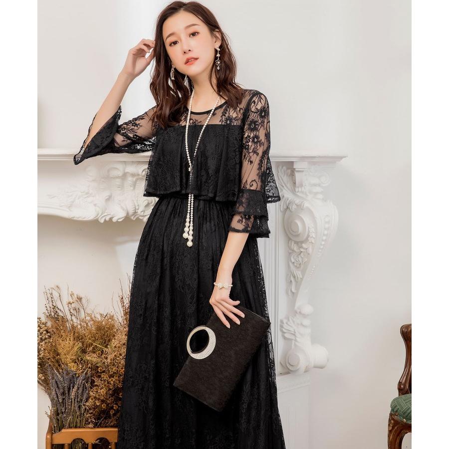 DRESS+ パーティードレス レース 大きいサイズ 袖あり ベルスリーブ  