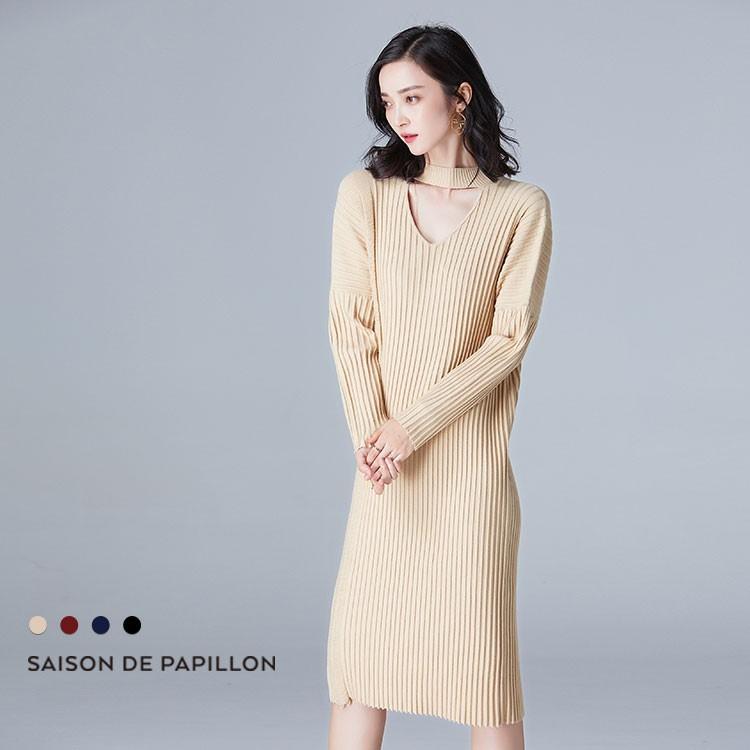ニット レディース ワンピース チョーカー リブ リブニット Vネック チョーカーネック リブ プリーツ ニット ひざ丈 厚手 暖か 長袖 フェミニン Seusj1019 パーティードレス ワンピース通販 通販 Yahoo ショッピング