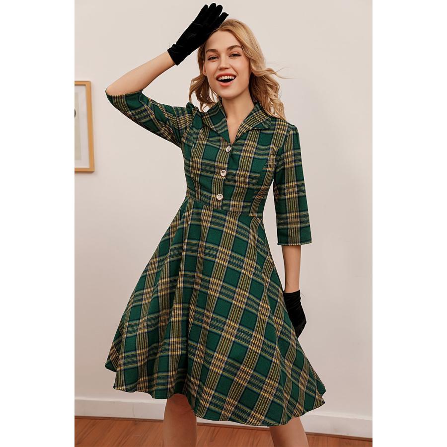 ドレス ワンピース チェック柄 結婚式 S 2xl レトロワンピース ロカビリー 七分袖 Aライン 膝丈 ボタン付き フレアワンピース Dtyh1010 Dresstell 通販 Yahoo ショッピング