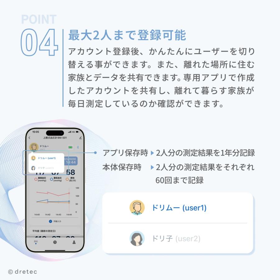 ドリテック 公式 上腕式血圧計 血圧計 医療機器 アプリ連携 血圧記録 2人分管理 脈拍測定 コンパクト血圧計 健康管理 Bluetooth ホワイト BM-501 敬老の日 | ドリテック | 06
