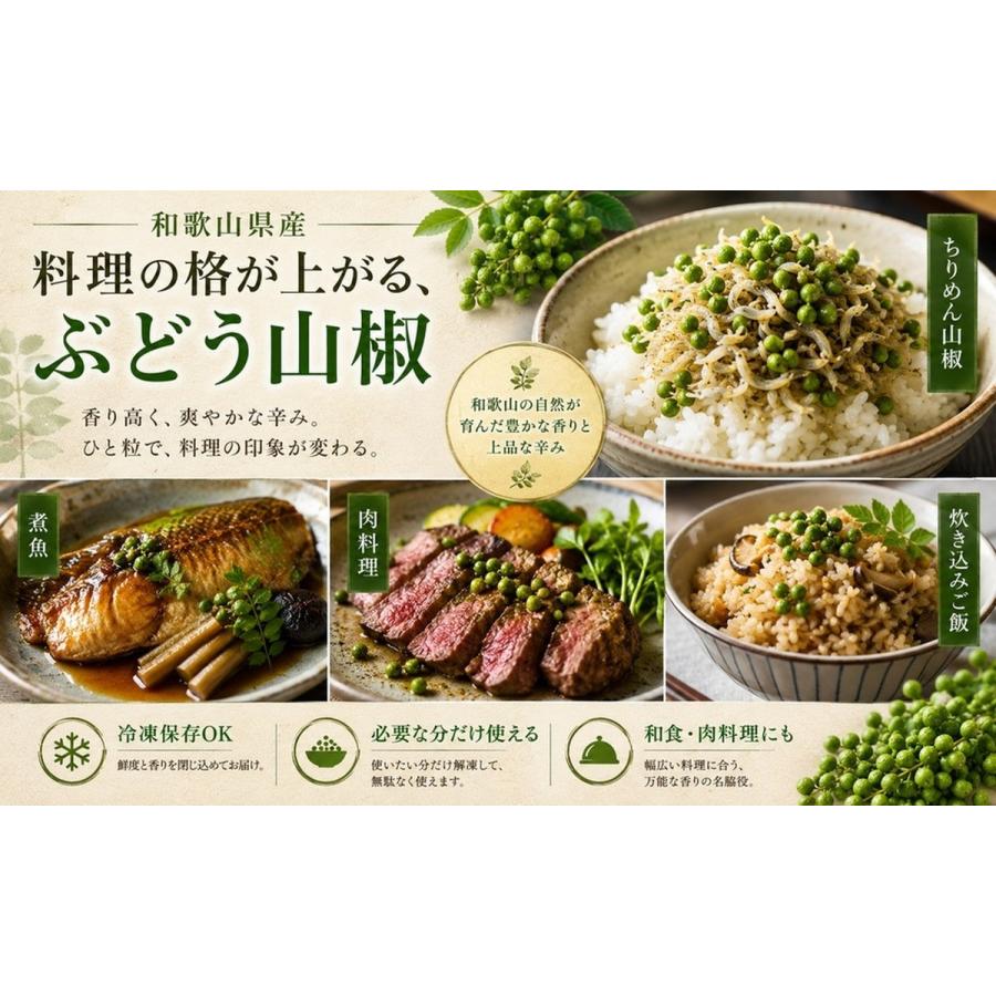 山椒 山椒の実 実山椒 100g 冷凍 令和8年新物 和歌山県産 ぶどう山椒 アク抜き済 枝取り済 軸ほぼ取り済 下処理済 国産 北海道・沖縄へは別途送料1000円 |  | 04