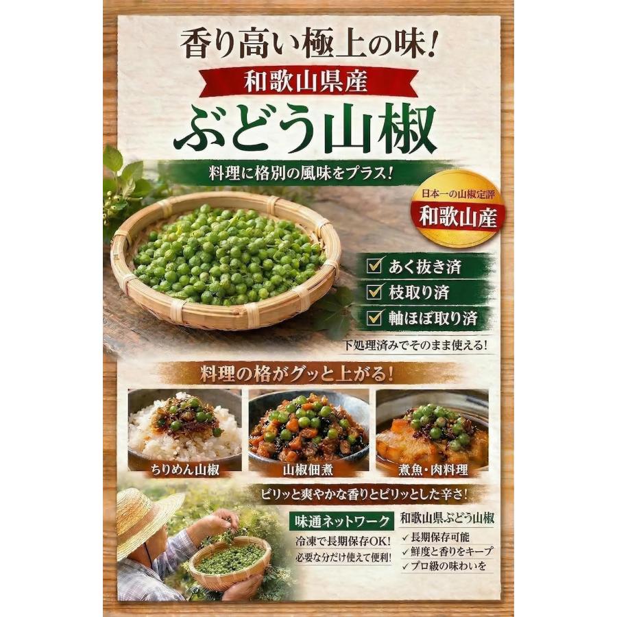 実山椒 冷凍 ぶどう山椒 和歌山県産 300g 【アク抜き済・枝取り済・軸ほぼ取り済】国産 山椒 下処理済　北海道・沖縄へは別途送料1000円 |  | 01