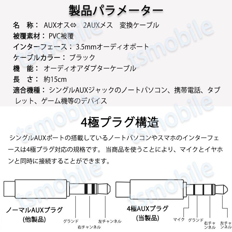 auxケーブル 3.5mmオス⇔ 3.5mmメス×2 赤緑ジャック AUXアダプタ 2股 1