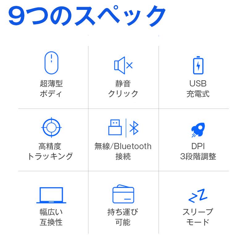 ワイヤレスマウス 静音 薄い コードレス Bluetooth 無線 2.4GHz 軽量 USB充電 高感度 光学式 DPI調整 ゲーミング パソコン windows mac iOS iPad Android 対応 |  | 13