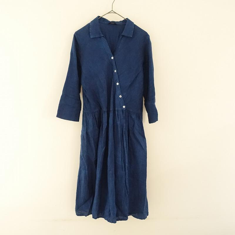 美品 blueingreen ブルーイングリーン インディゴ ワンピース 綿 麻 ブルーイングリーン blueingreen *インディゴリネンボタンカシュクール