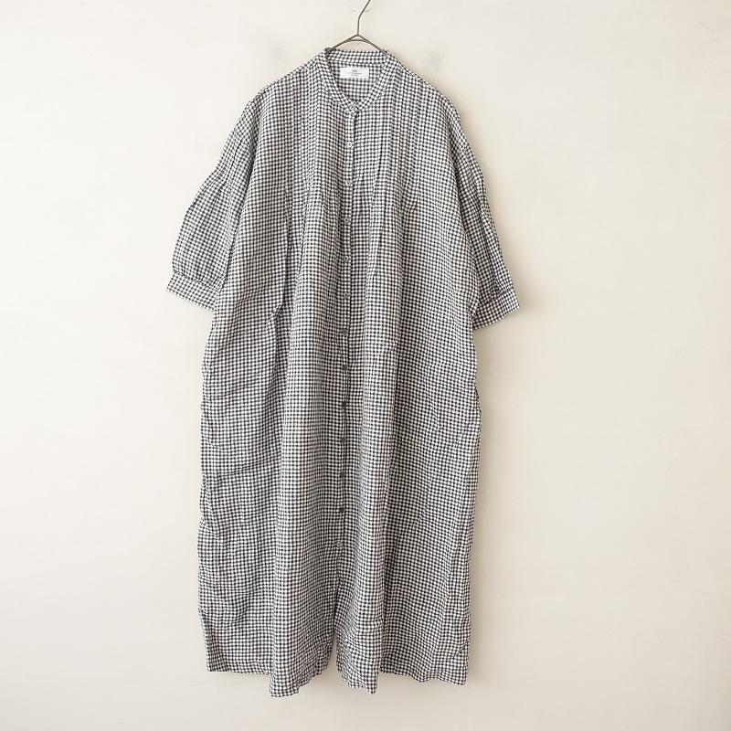 美品【ソイル】ロングワンピースウールリネンバンドカラー黒白チェック2
