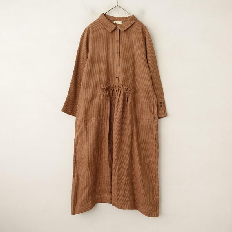 muku 【美品】ムク *リネンヘリンボーンストライプロングワンピース*XS