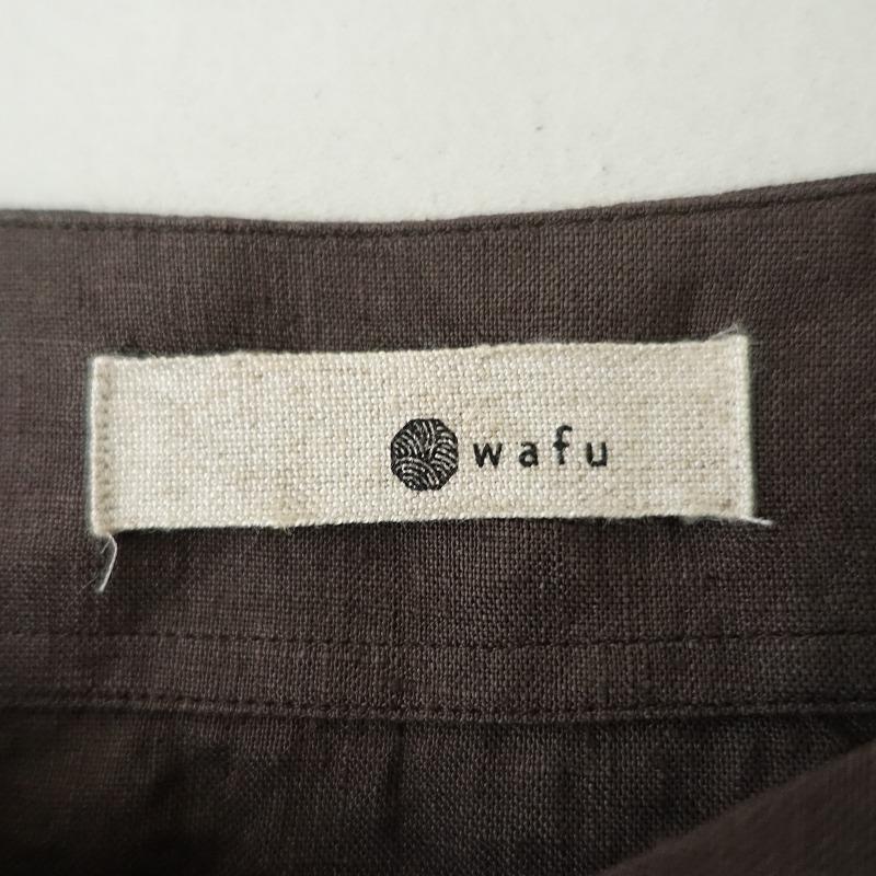 ワフ wafu *リネンVネックフレンチスリーブプルオーバー*麻布帛焦げ茶 