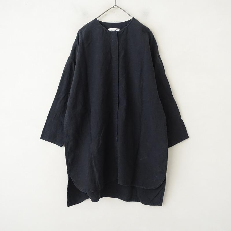 evam eva（エヴァムエヴァ） *リネンノーカラー比翼ボタンシャツ*墨黒