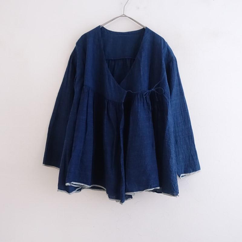 えみおわす *藍染めカディのカシュクールシャツ*藍色ハケ目コットン