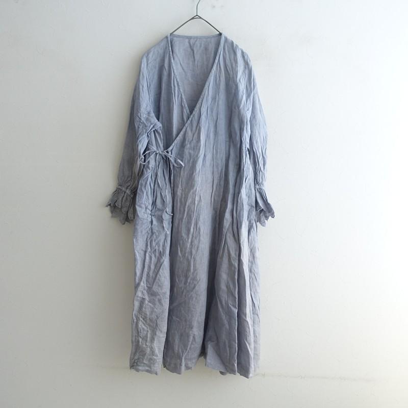 ネストローブ カシュクールリネンワンピース ストライプ リボン 麻100% F nest Robe（ネストローブ） *リネンスカラップ刺繍カシュクール