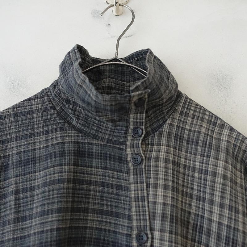 登美 群言堂 *コットンリネン切替チェックシャツ*綿麻グレー系長袖