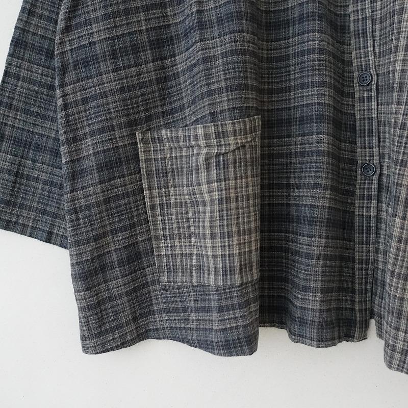 登美 群言堂 *コットンリネン切替チェックシャツ*綿麻グレー系長袖