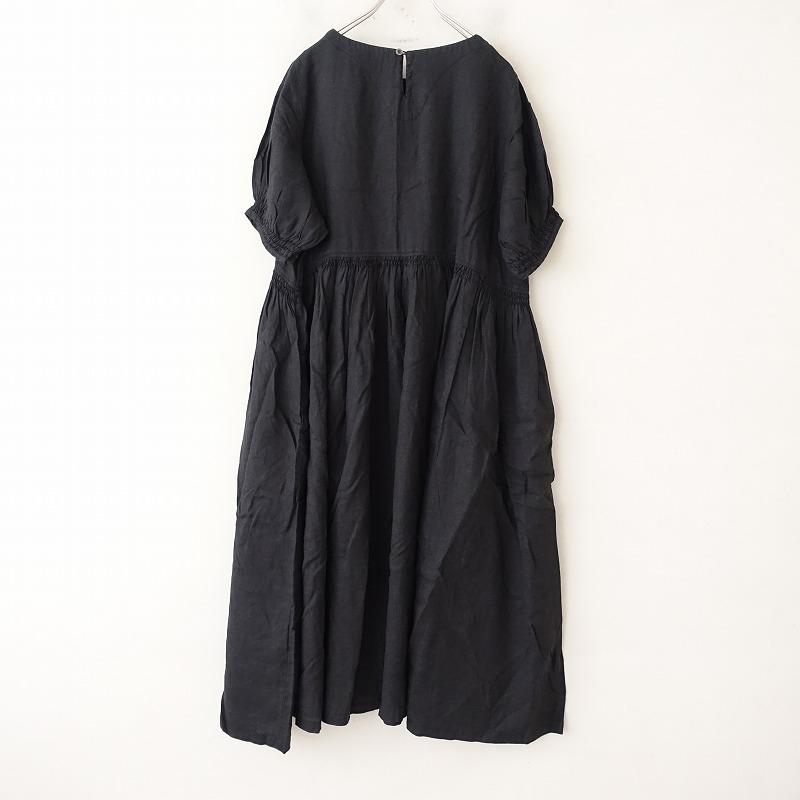 新品未使用　ネストローブ　リネンプルオーバ一　ゆったり　麻100% 日本製　黒 nest Robe（ネストローブ） *リネンギャザー切替パフスリーブ