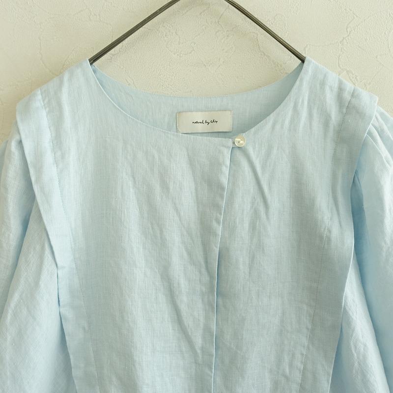 ネストローブ 麻100% 半袖ワンピース タック ギャザー ゆったりめ 水色 リネンシャンブレータック襟ドレス｜nest Robe / CONFECT ONLINE