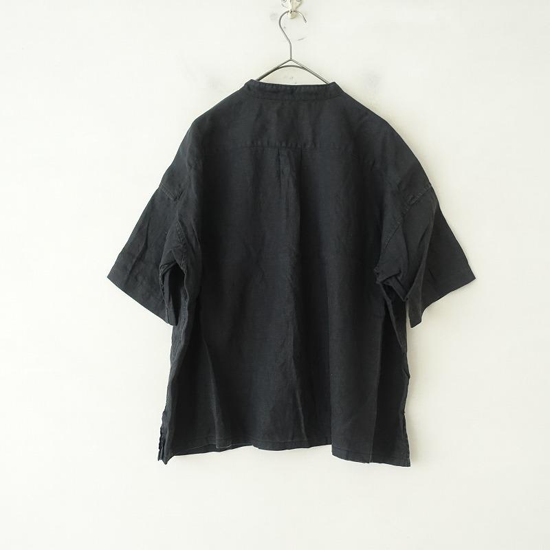 【新品未使用】prit☆プリット黒半袖シャツ　コットンブラウス　日本製 prit（プリット） *リネンバンドカラー半袖シャツ*麻スミクロ墨黒