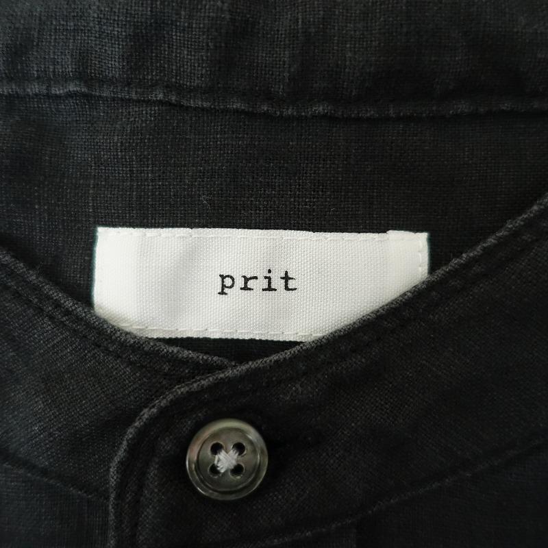 prit（プリット） *リネンバンドカラー半袖シャツ*麻スミクロ墨黒