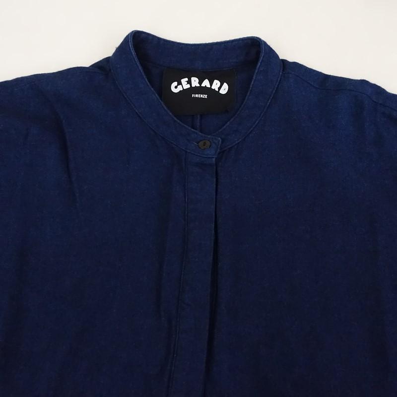 45rpm インディゴ染め シャツブラウス バンドカラー 藍染 紺ネイビー 45R不死鳥プリントのブラウス（インディゴ）: WOMEN｜45R