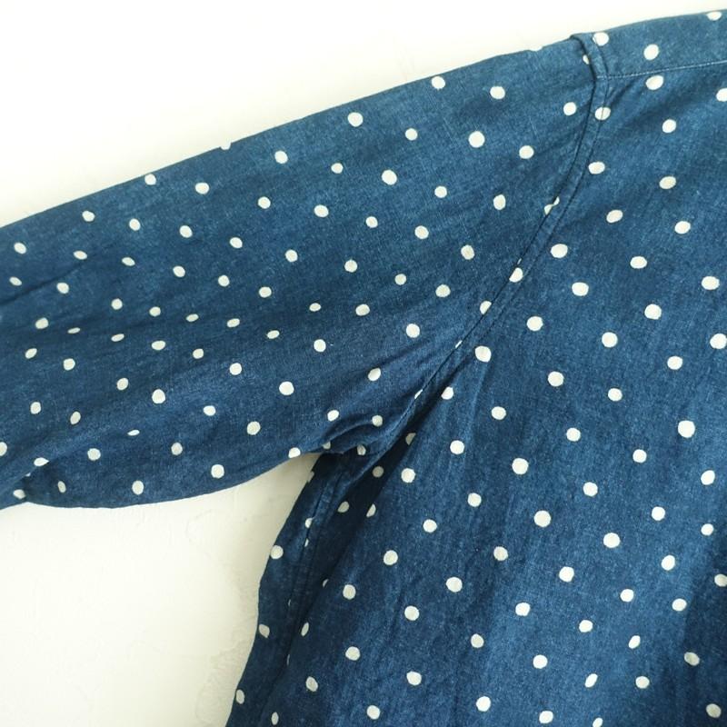 45R ネイビー ドット柄 長袖シャツ インディゴ　フォーティーファイブアール 45R（フォーティファイブアール） *コットンドット丸襟ブラウス*1綿