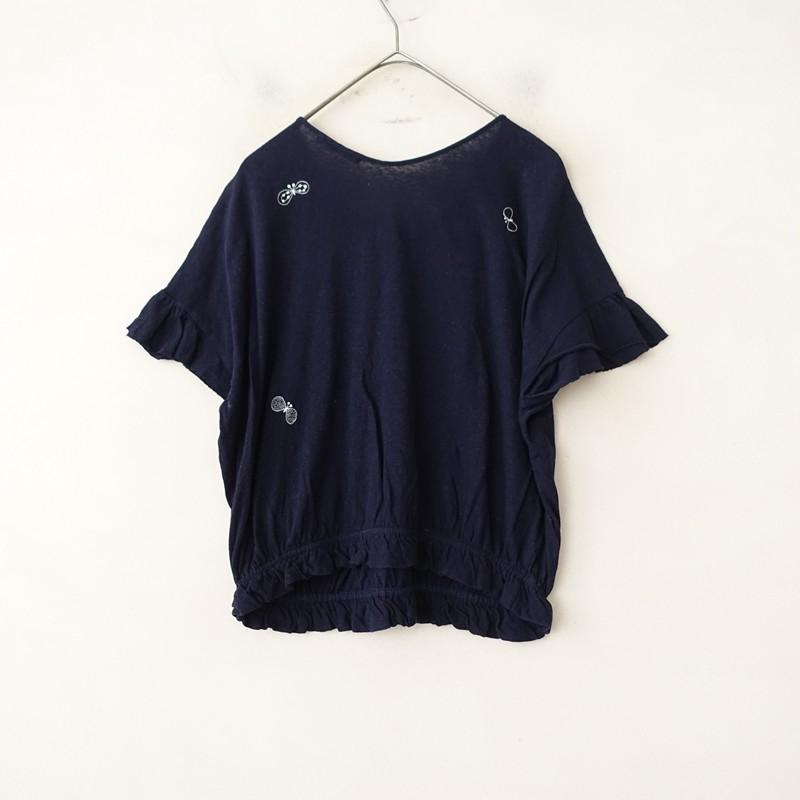 mini perhonen ネイビー フリル袖カットソー mina perhonen（ミナペルホネン） *choucho 刺しゅう裾ゴムフリル