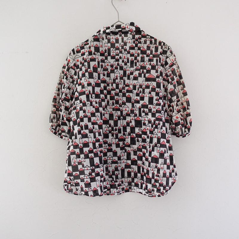 【美品】ミナペルホネン trois ブラウス シャツ ノーカラー 総柄 36 美品】ミナペルホネン trois ブラウス シャツ ノーカラー 総柄 36