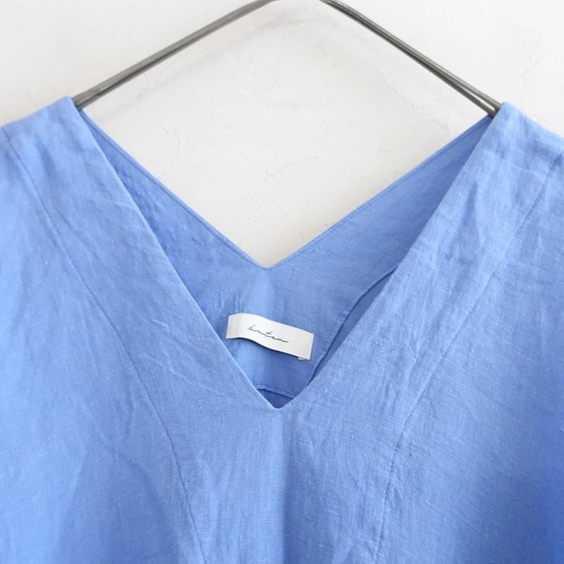 美品 ラシックバトン シャツワンピース バンドカラー リネン100% 紺 定価3.6万】ラシックバトン la chic baton *ダブルフリルカフタン
