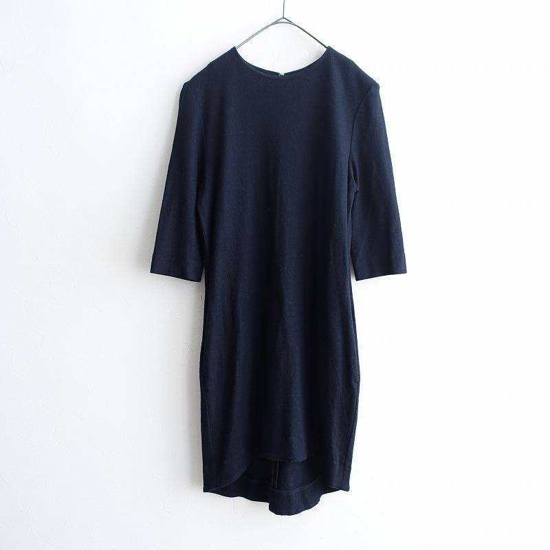 yoko chan ヨーコチャン 七分袖のワンピース ひざ丈 ドレス ネイビー YOKO CHAN（ヨーコチャン） *ウールワンピース*38厚手圧縮ドレス七分袖