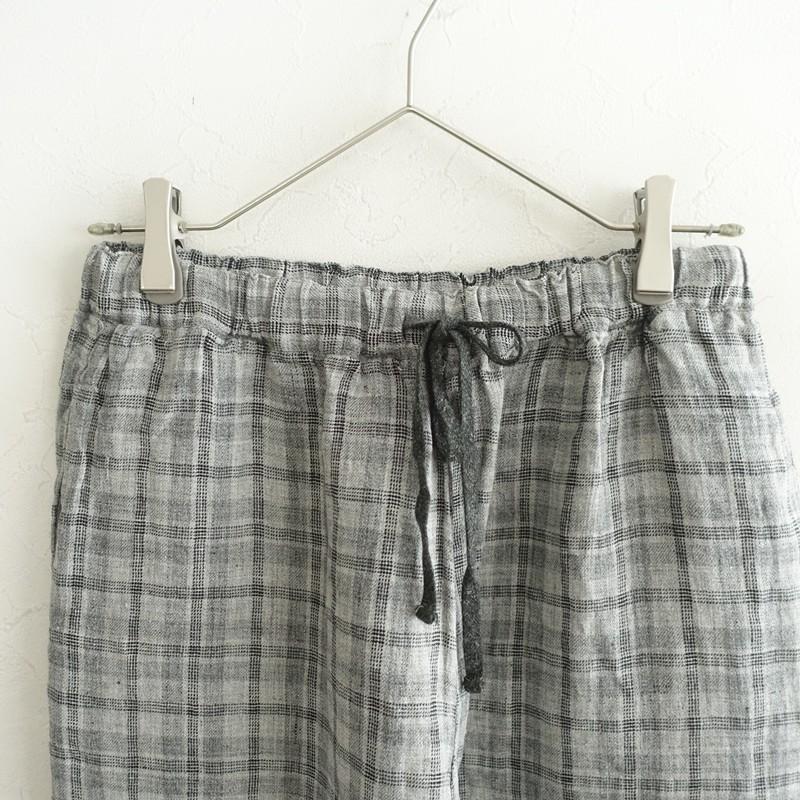 モトミ motomi.m *リネンチェック柄イージーパンツ*麻薄手総ゴムリボン