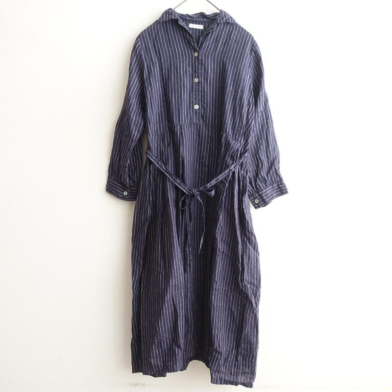 フォグリネンワーク リネンフレンチスリーブワンピース ストライプ フォグリネンワーク fog linen work *リネンストライプ柄ワンピース*麻