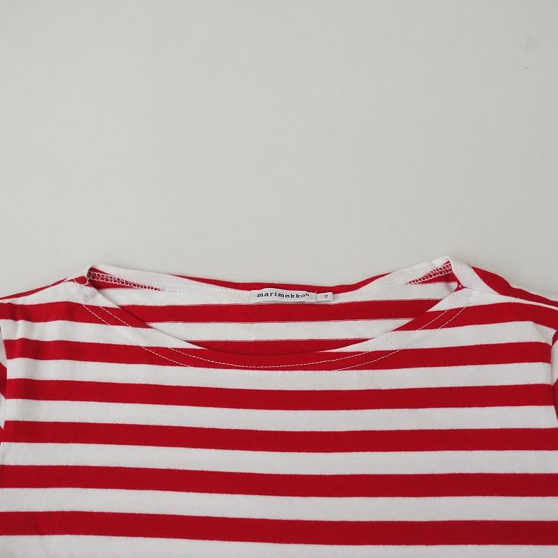 【新品】マリメッコ　ボーダーカットソー　白　赤 marimekko（マリメッコ） *コットンボーダーボートネック七分袖Tシャツ