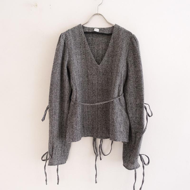 ELIN エリン *袖リボンウール起毛ヘリンボーンVネックプルオーバー*36  