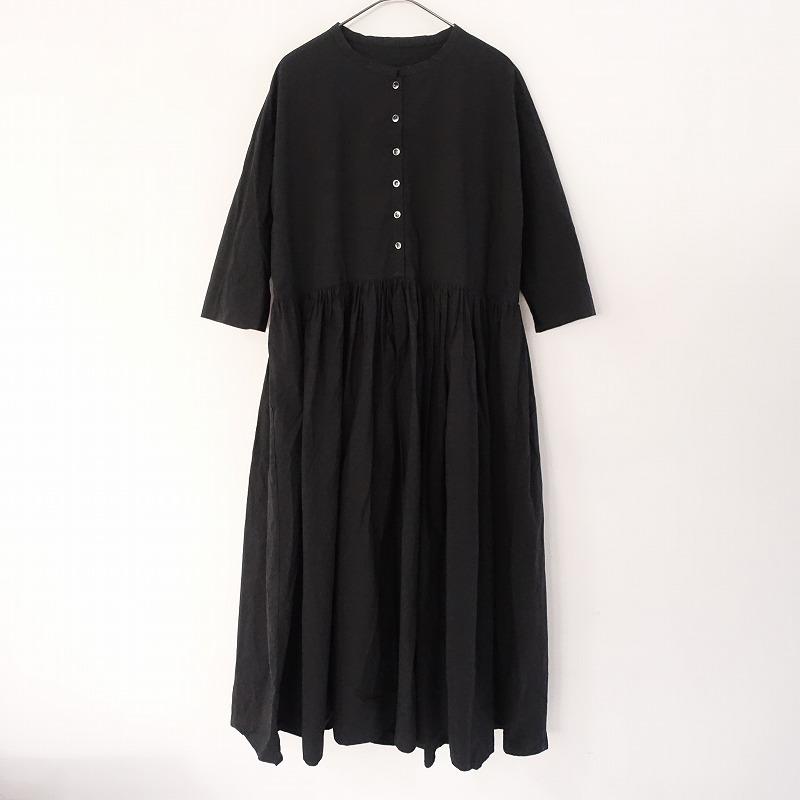 Gauze# ガーゼ *コットン八分袖ギャザーシャツワンピース*F黒ブラック  
