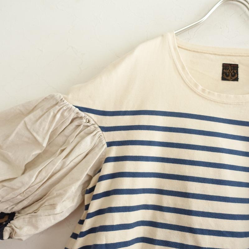 KAPITAL 　ブッファン　カットソー　綿　リネン　素材切り替え 七分袖 キャピタル KAPITAL NAVY *ブッファンTシャツ*0/XSボーダー7分袖