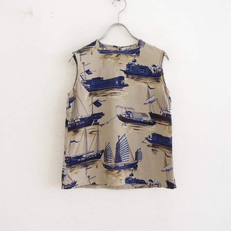 エルメス HERMES *シルクプリントノースリーブシャツ*36グレージュ総柄  