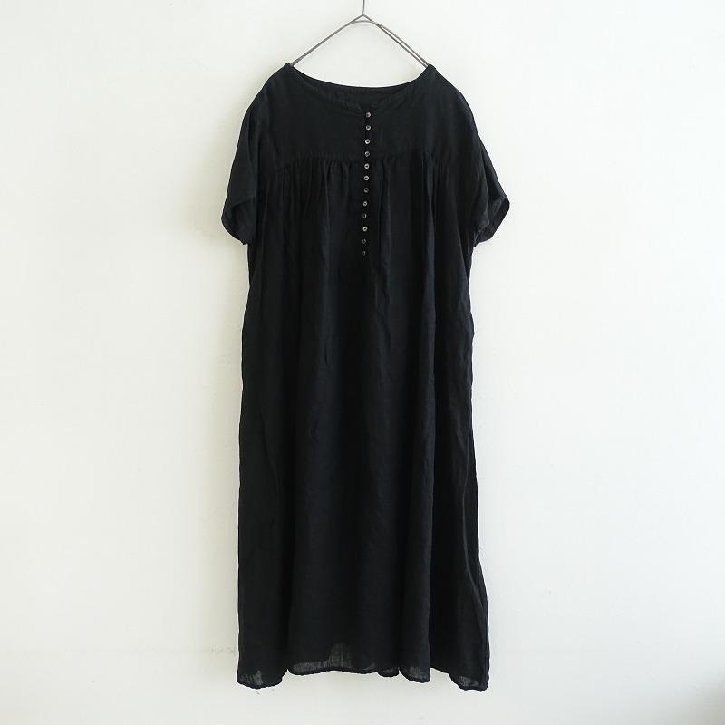 ネストローブ nest Robe *リネンギャザーワンピース*F黒ブラック半袖 