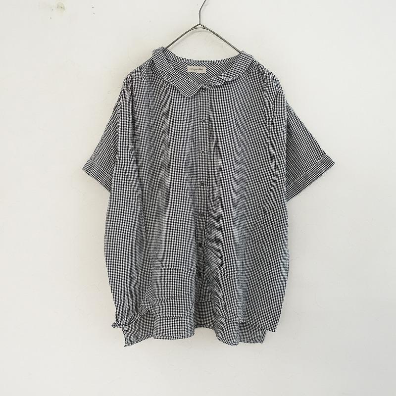 パラスパレス　半袖　リネン　シャツ　麻　2 ブラウス チェック　ブラウン パラスパレス半袖リネンシャツ麻2 ブラウス チェックブラウン