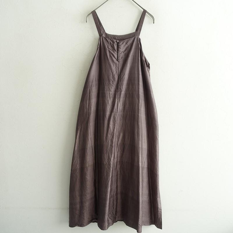 ブノン BUNON *シルクピンタックキャミソールワンピース*Lダークブラウン無地スリーブレス(33-2512-652)【82A62】の画像