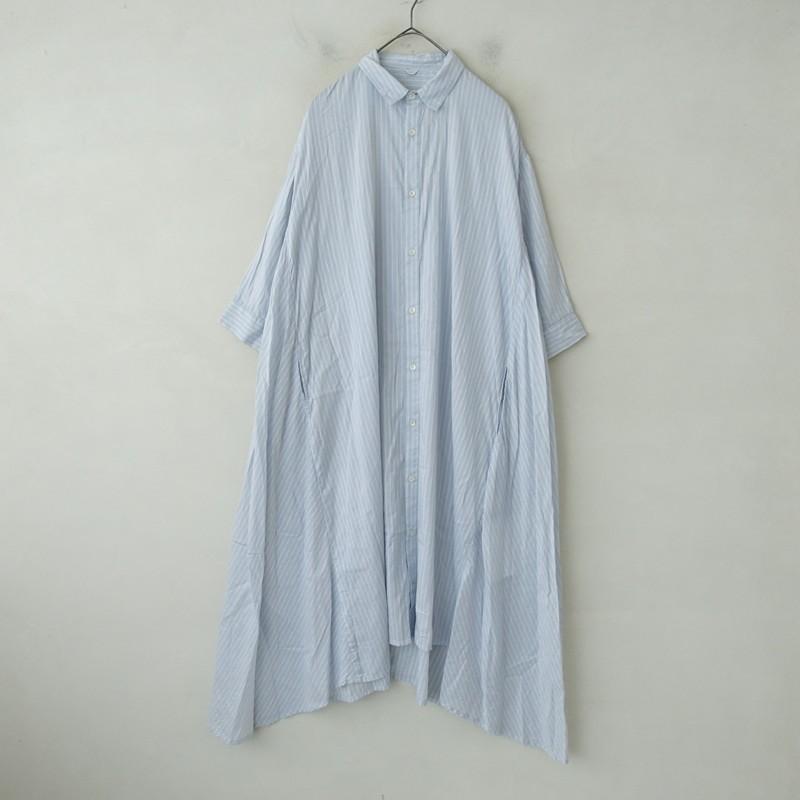 ICHI（イチ） *ストライプシャツワンピース*サックス8分袖ロングフレア