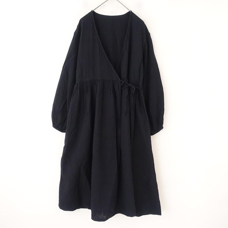 無印良品 MUJI *コットンカシュクールワンピース*L黒ブラックロング