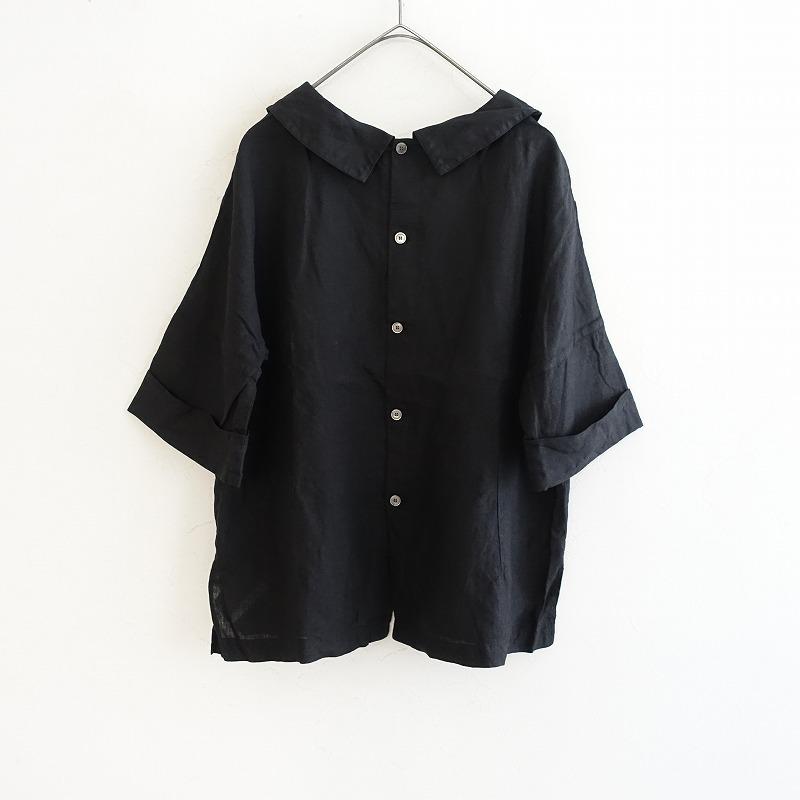 SETTENリネン 黒 ブラウスゆったり setten｜リネンキャンバス ボタン2つ前後タックブラウス
